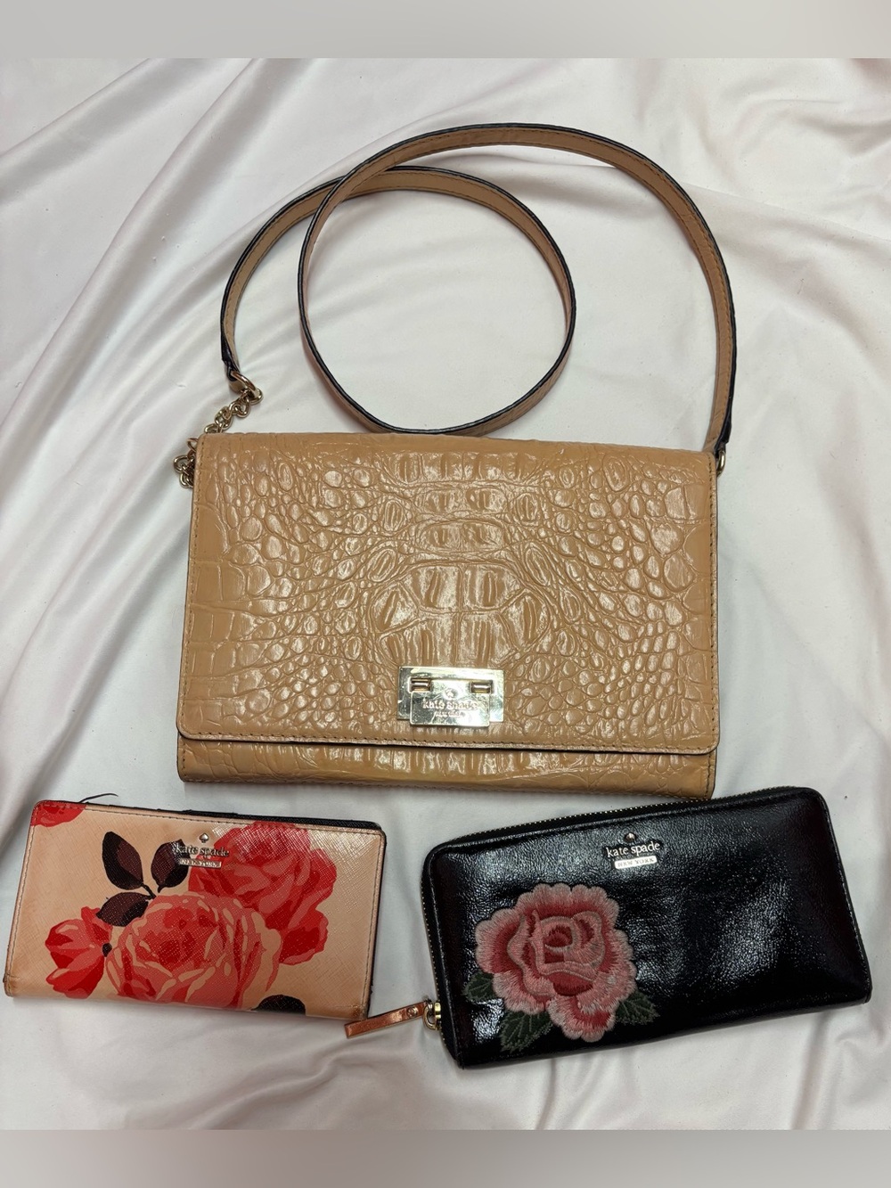 kate spade Bundle- Tan Croc Rectangle Crossbody AND Two Flower Wallets
